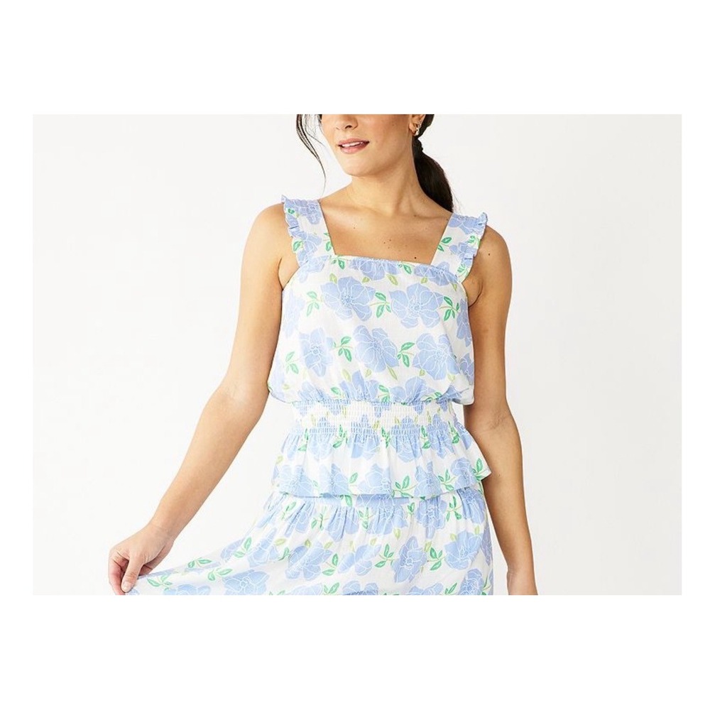 Draper James RSVP Blue Floral Smocked Peplum Top Ruffle Strap Linen Blend Small